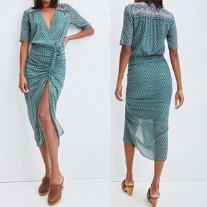 NWT Veronica Beard Women's Green Patterned Short Sleeved Silk Maxi Dress